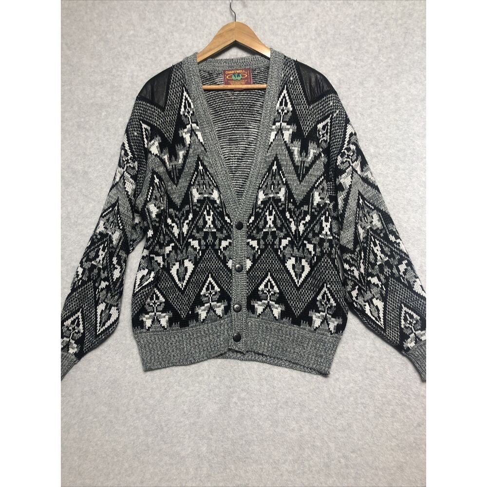 Vtg Chartwell Sweater Mens Large Grandpa Cardigan Leather Patches Black White
